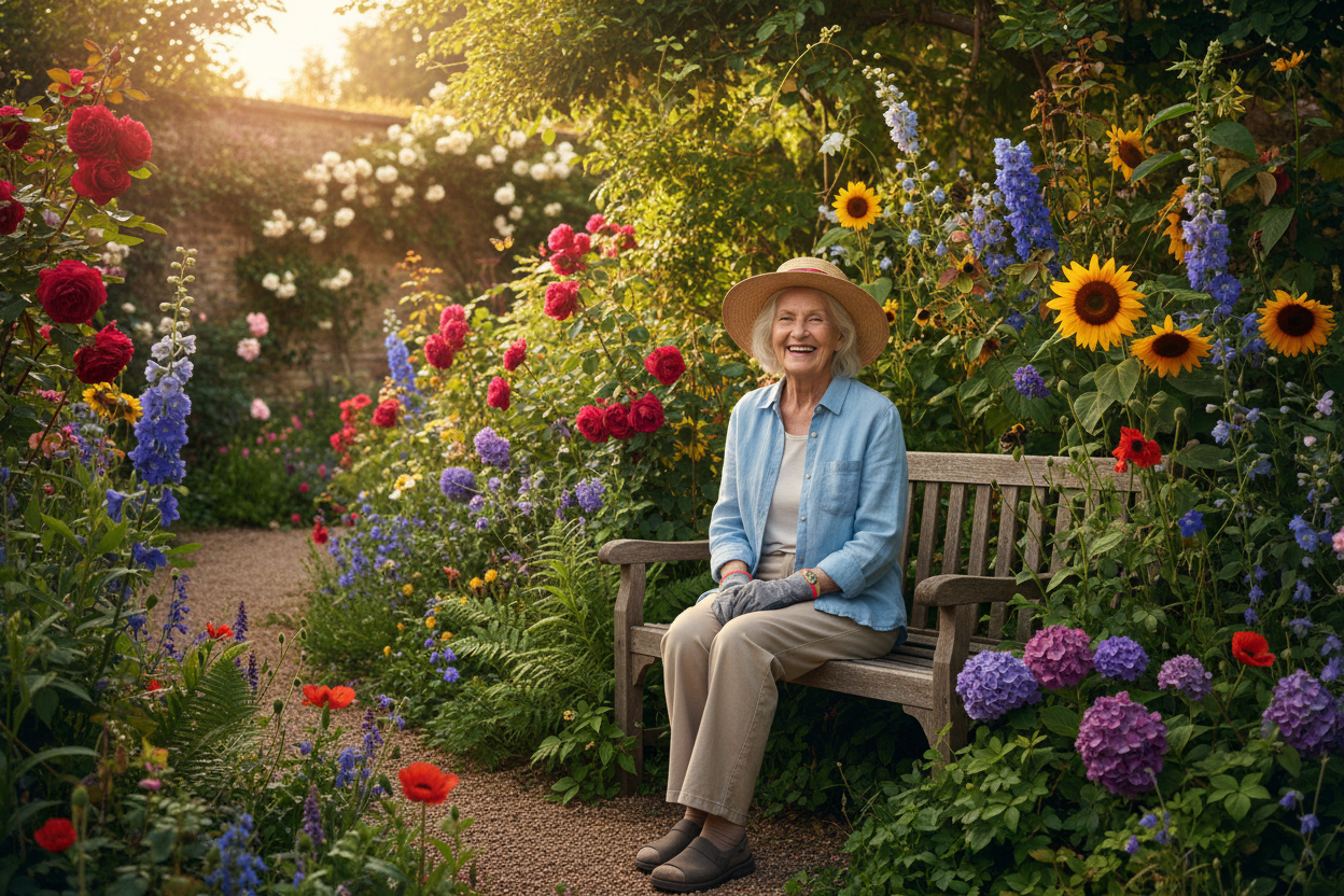 happy old lady in the garden